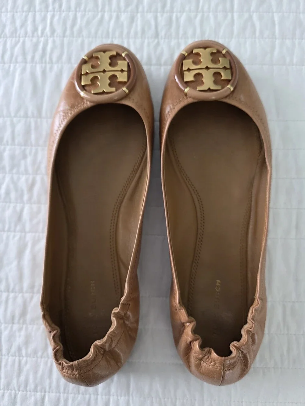 Tory Burch Multi Logo Tan Leather Reva Ballet Flats Size 9